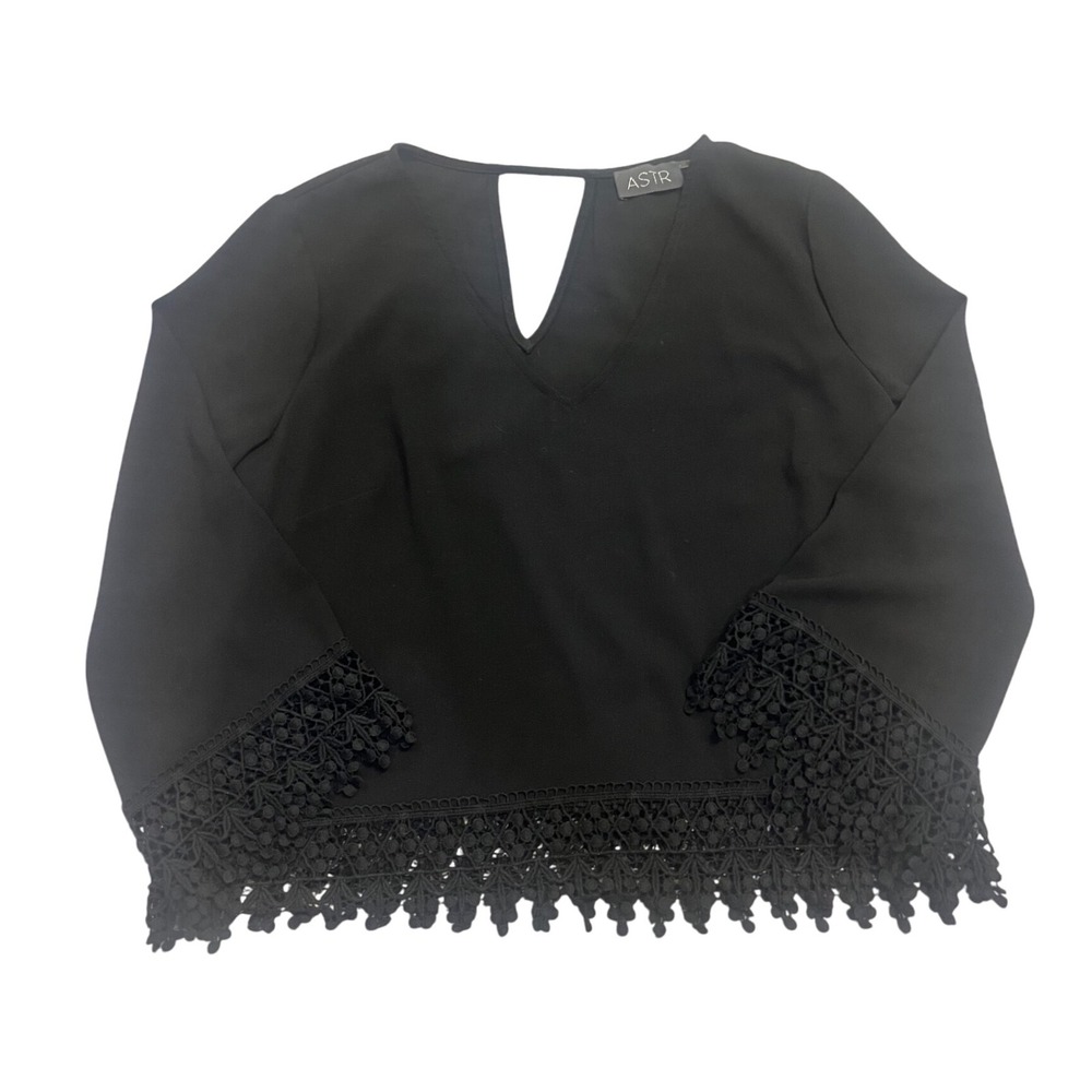 ASTR Black Lace Trim V Neck Keyhole Back‎ Bell Sleeve Blouse Top Women's M